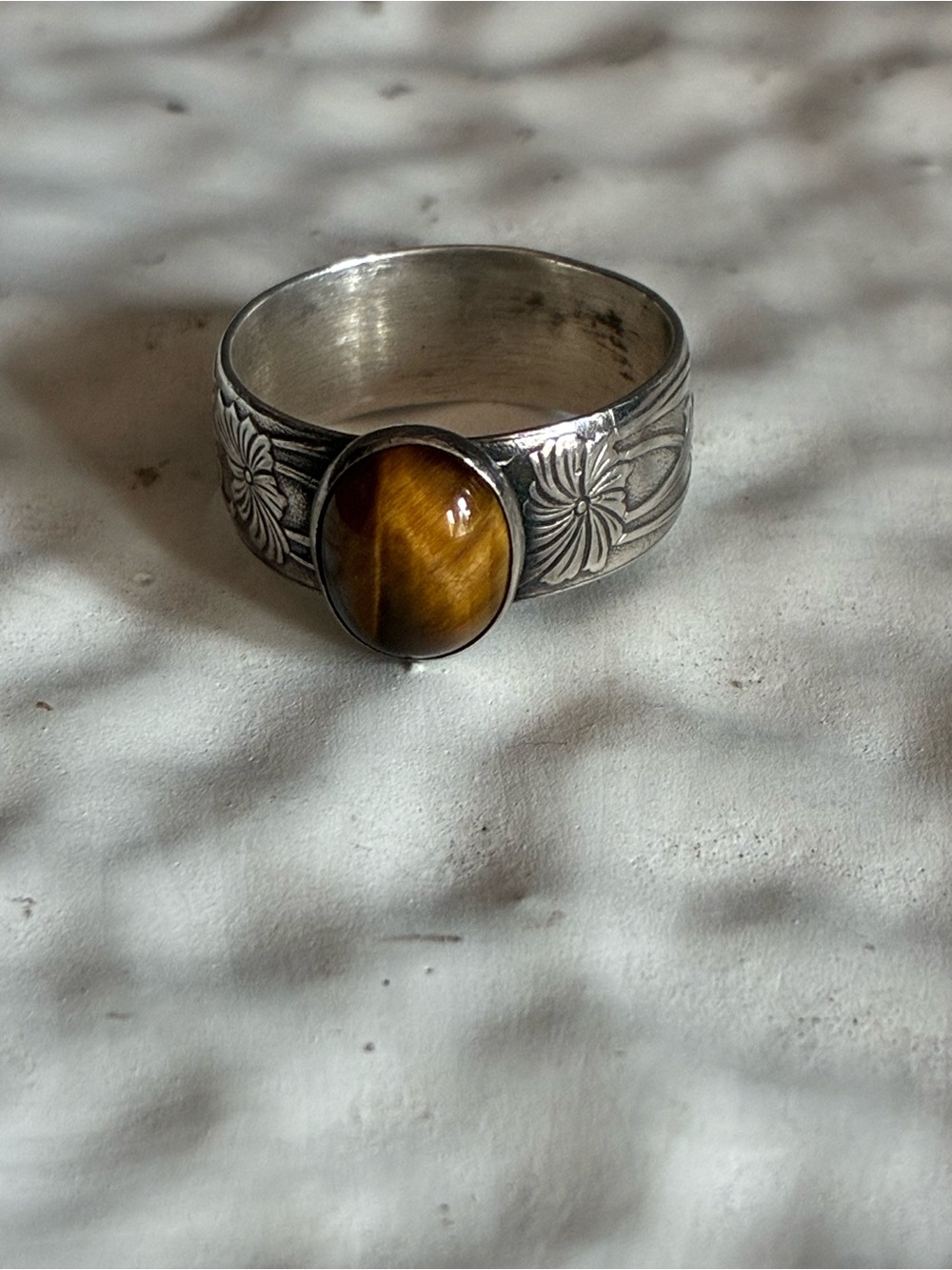 Sterling Floral Band Ring with Tiger's Eye Cabochon - Brown